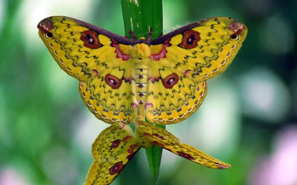 HD desktop wallpaper featuring a vibrant yellow moth with intricate purple and red patterns resting on a green stem against a softly blurred natural background.