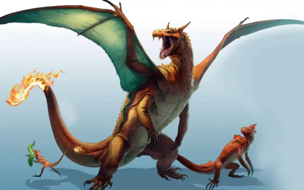 HD wallpaper featuring Pokémon Charizard, Charmeleon, Charmander, and Caterpie with a clean background.