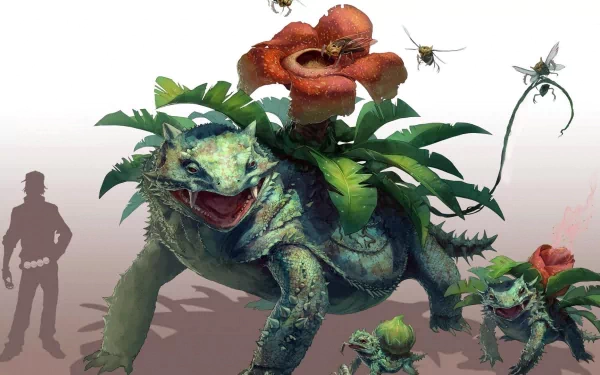 HD desktop wallpaper featuring Pokémon Venusaur, Ivysaur, Bulbasaur, and Ninjask with a grass theme.