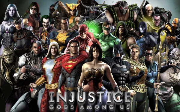 HD desktop wallpaper featuring characters from the video game Injustice: Gods Among Us against a dynamic backdrop. The image showcases various iconic superheroes and villains.