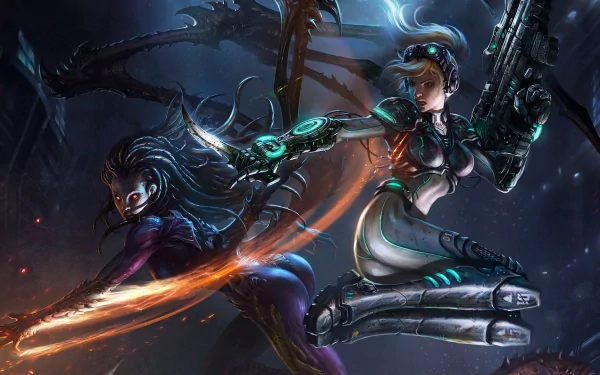 HD PC desktop wallpaper featuring Nova and Sarah Kerrigan from the video game StarCraft II: Heart of the Swarm in dynamic, sci-fi combat poses.