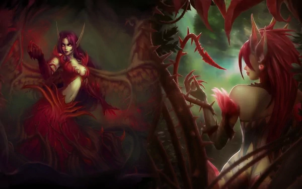 HD wallpaper featuring Morgana and Zyra from League of Legends, showcasing their intricate character designs amidst a dark, mystical background.