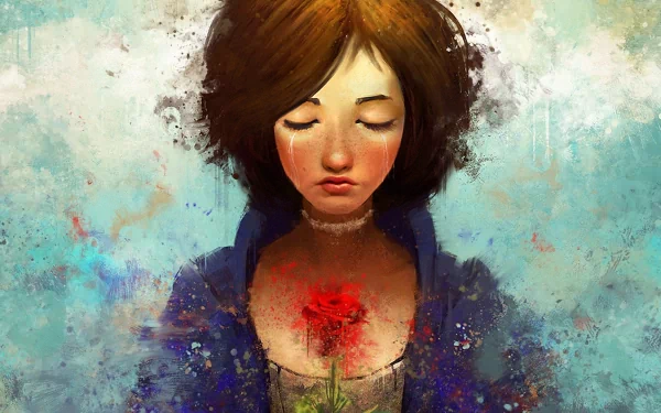 HD PC desktop wallpaper featuring an artistic, painted portrait of a character from the video game Bioshock Infinite holding a glowing red rose against a cloudy background.