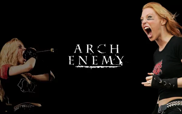 HD PC desktop wallpaper: Arch Enemy logo centered on a black background, flanked by two dynamic, screaming female vocalists in stage outfits, capturing an intense metal music vibe.