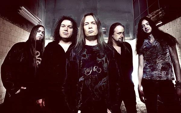 2K Quad HD PC desktop wallpaper: moody portrait of a five-member metal band, high-contrast sepia tones, music theme (tagged Stratovarius).