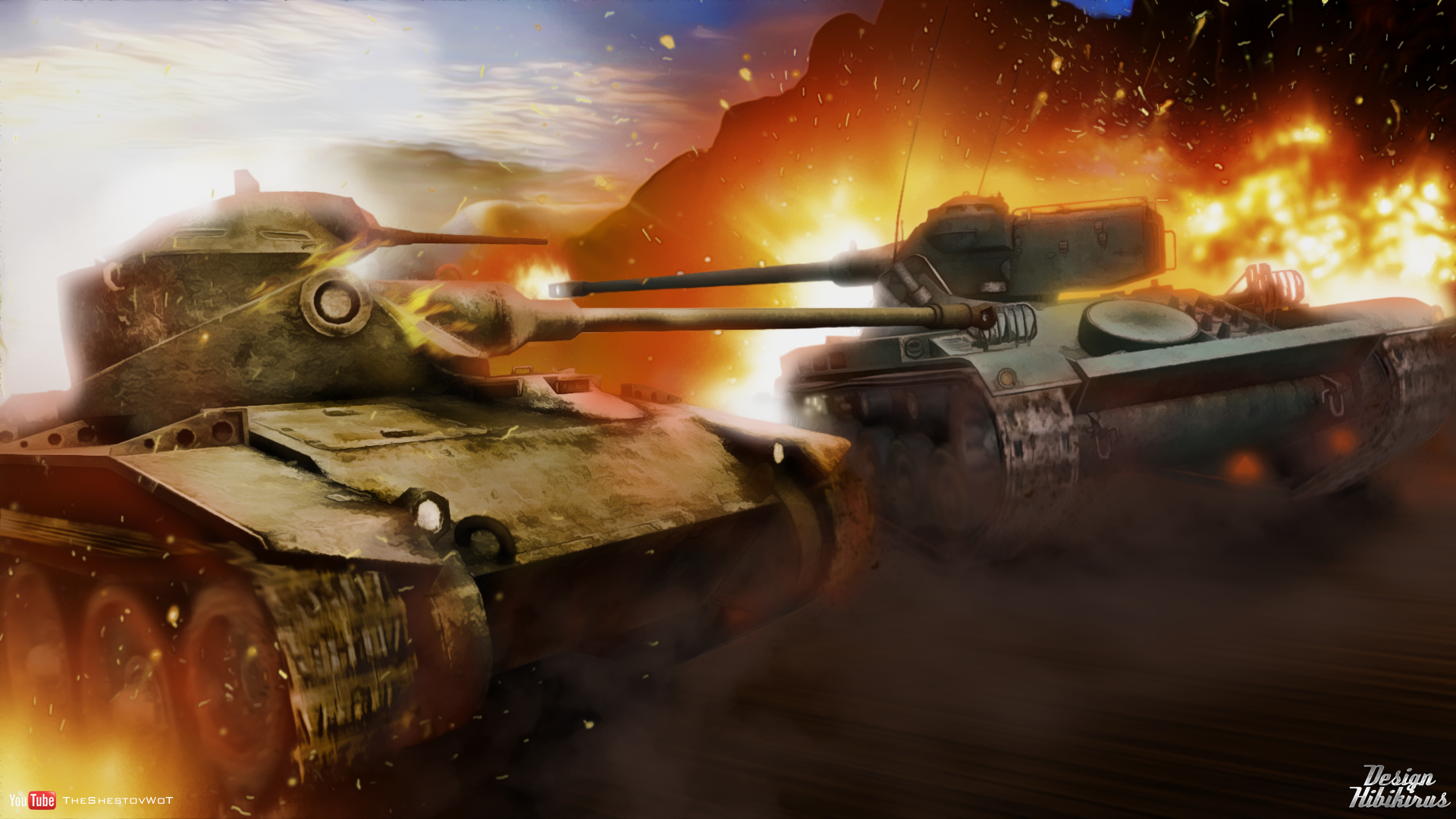HD PC desktop wallpaper featuring intense battle between T71 tanks from the World of Tanks video game, with explosions and dynamic action in a fiery battlefield.