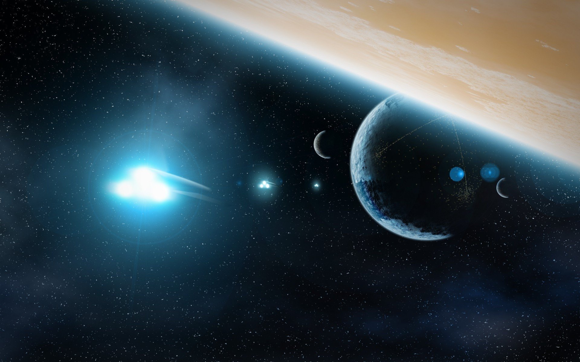 HD PC desktop wallpaper featuring a sci-fi scene with multiple planets and celestial bodies glowing against the vastness of space.