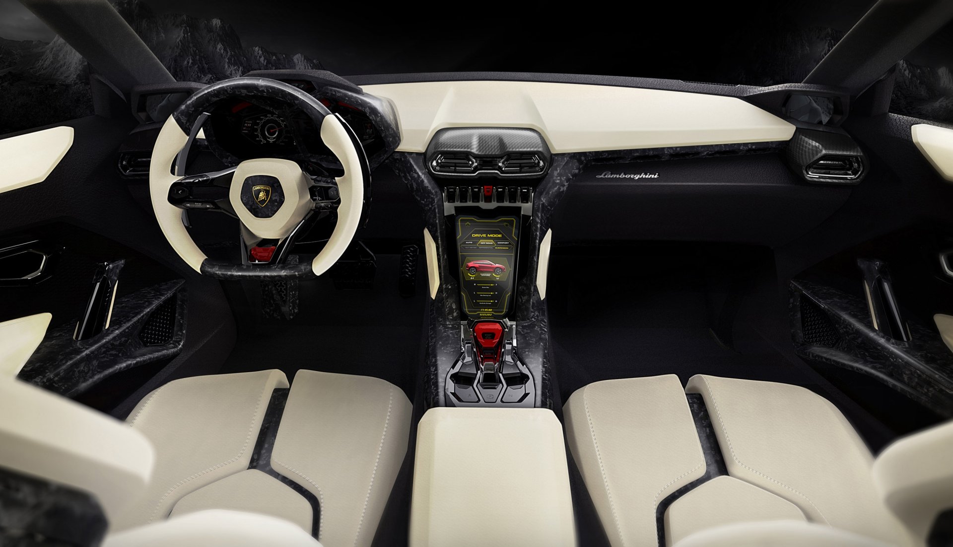 Lamborghini Urus interior dashboard and cream leather seats, shown as a 2K Quad HD PC desktop wallpaper/background.