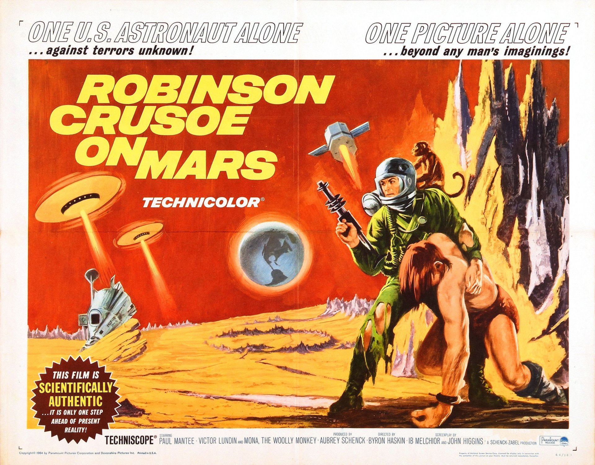 HD PC desktop wallpaper/background of the movie Robinson Crusoe on Mars — vivid poster art: astronaut with blaster protecting a rescued man on a red Martian landscape with flying saucers and a planet.