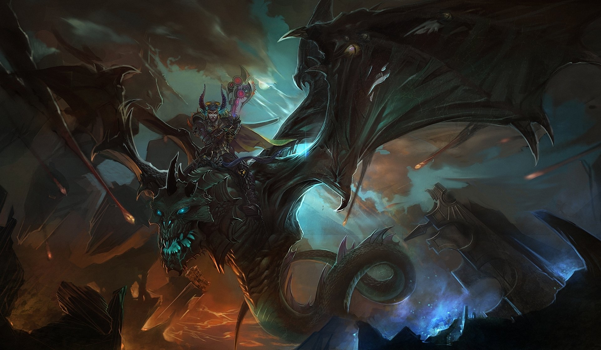 HD PC desktop wallpaper depicting a dark fantasy creature with glowing blue eyes and massive wings emerging from a stormy, mystical landscape.