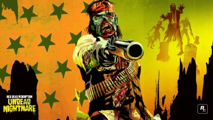 HD PC desktop wallpaper and background for the video game Red Dead Redemption: Undead Nightmare — a zombified cowboy fires a shotgun toward the viewer against a green‑yellow sky with silhouetted undead.