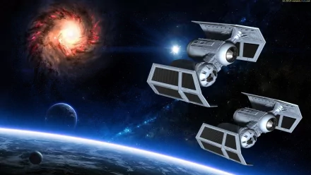 Two futuristic spaceships soar above a vibrant planet and moon, set against a backdrop of swirling galaxies and stars, capturing a thrilling sci-fi atmosphere reminiscent of Star Wars.