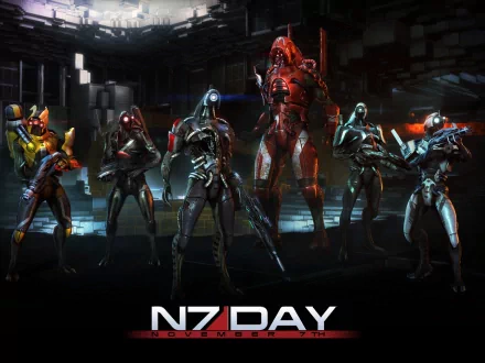 HD PC desktop wallpaper and background: Legion (Mass Effect) from the Mass Effect video game stands with armored squadmates in a dark sci‑fi hangar beneath an N7 Day banner.