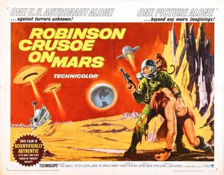HD PC desktop wallpaper/background of the movie Robinson Crusoe on Mars — vivid poster art: astronaut with blaster protecting a rescued man on a red Martian landscape with flying saucers and a planet.