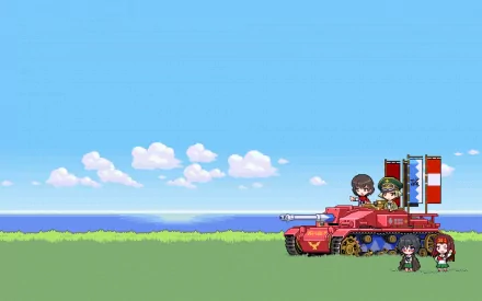 HD PC desktop wallpaper featuring chibi-style Girls und Panzer anime characters with a red tank on a grassy field under a bright blue sky.