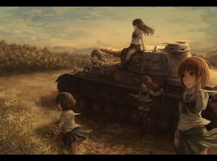 Anime desktop wallpaper featuring Girls und Panzer. The scene shows five female characters around a tank in a grassy, open field under a cloudy sky.