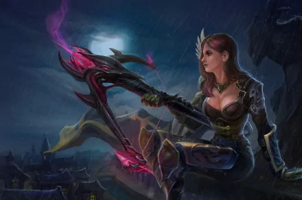 Fantasy archer poised with a glowing, mystical bow under a stormy night sky, rendered in HD for a captivating PC desktop wallpaper and background.