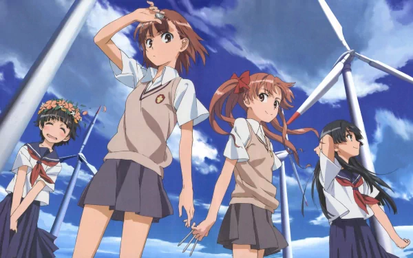 A vibrant scene from A Certain Scientific Railgun, featuring Kazari Uiharu, Kuroko Shirai, Ruiko Saten, and Mikoto Misaka in school uniforms against a beautiful cloudy sky.