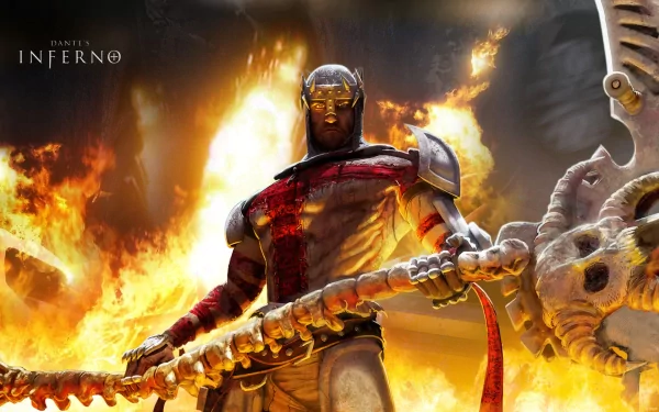A dynamic HD PC desktop wallpaper from Dante's Inferno, featuring a fierce character wielding a weapon amidst a fiery backdrop, showcasing intense action and dark themes.