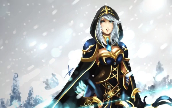Ashe from League of Legends stands confidently in a snowy landscape, adorned in elegant armor, embodying the fierce spirit of the video game. A stunning HD wallpaper for fans.