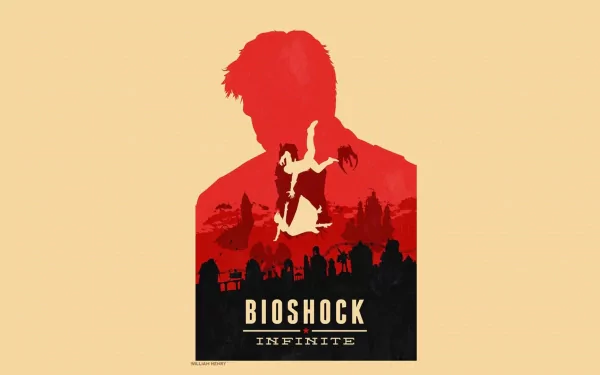HD wallpaper of BioShock Infinite featuring a silhouette of Booker with a backdrop of Columbia and the game's logo.