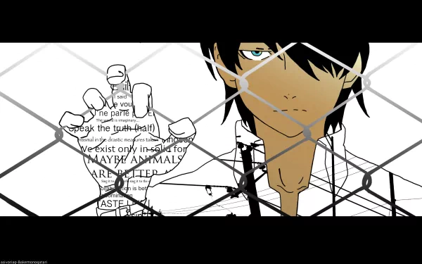 Koyomi Araragi from the Monogatari series is depicted with black hair against a stylized background, featuring abstract elements and text, creating a compelling anime-themed wallpaper.