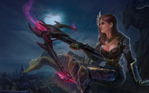 Fantasy archer poised with a glowing, mystical bow under a stormy night sky, rendered in HD for a captivating PC desktop wallpaper and background.