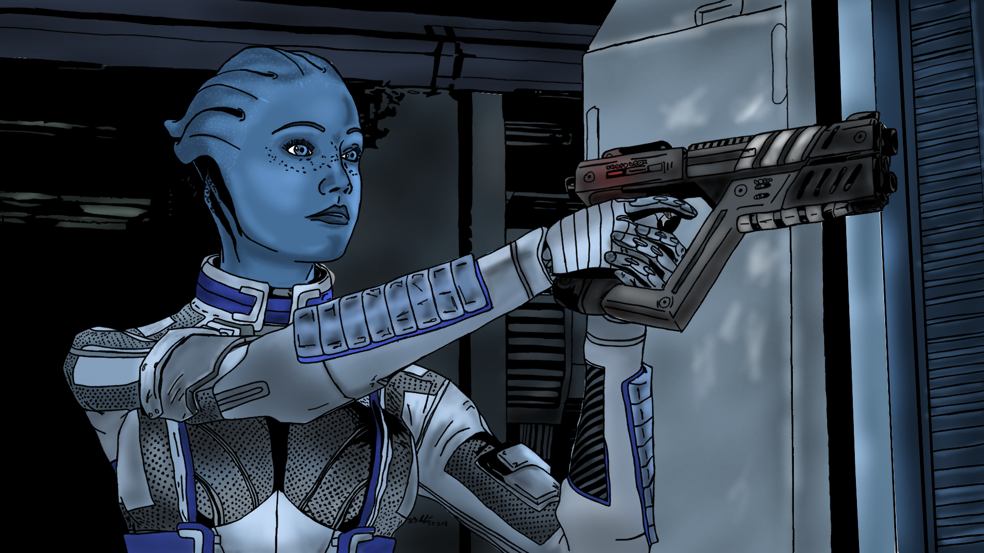 HD PC desktop wallpaper featuring Liara T'Soni from the video game Mass Effect, depicted aiming with a futuristic pistol in a sci-fi setting.