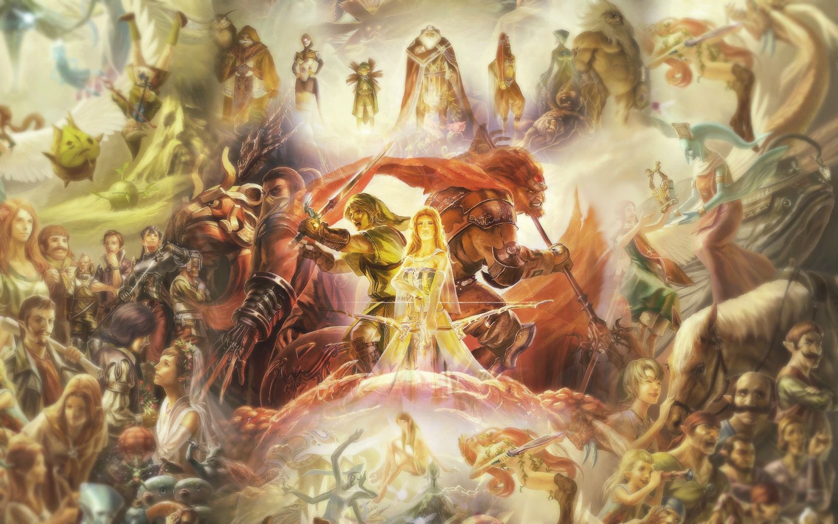 HD PC desktop wallpaper featuring a detailed and vibrant scene from the video game The Legend of Zelda with various characters and mystical elements.