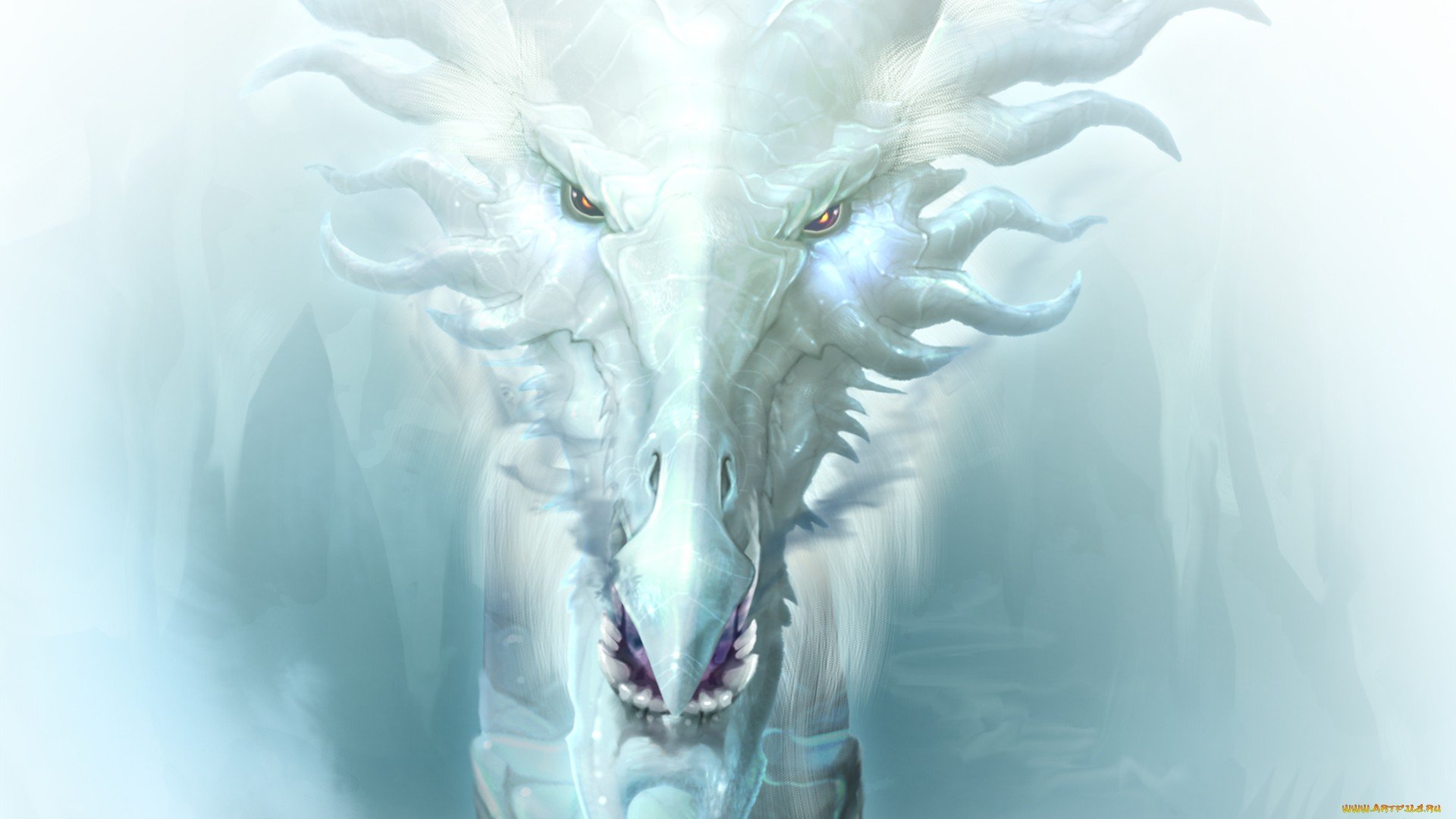 HD fantasy PC desktop wallpaper featuring a majestic, ethereal white creature with glowing eyes emerging from mist.