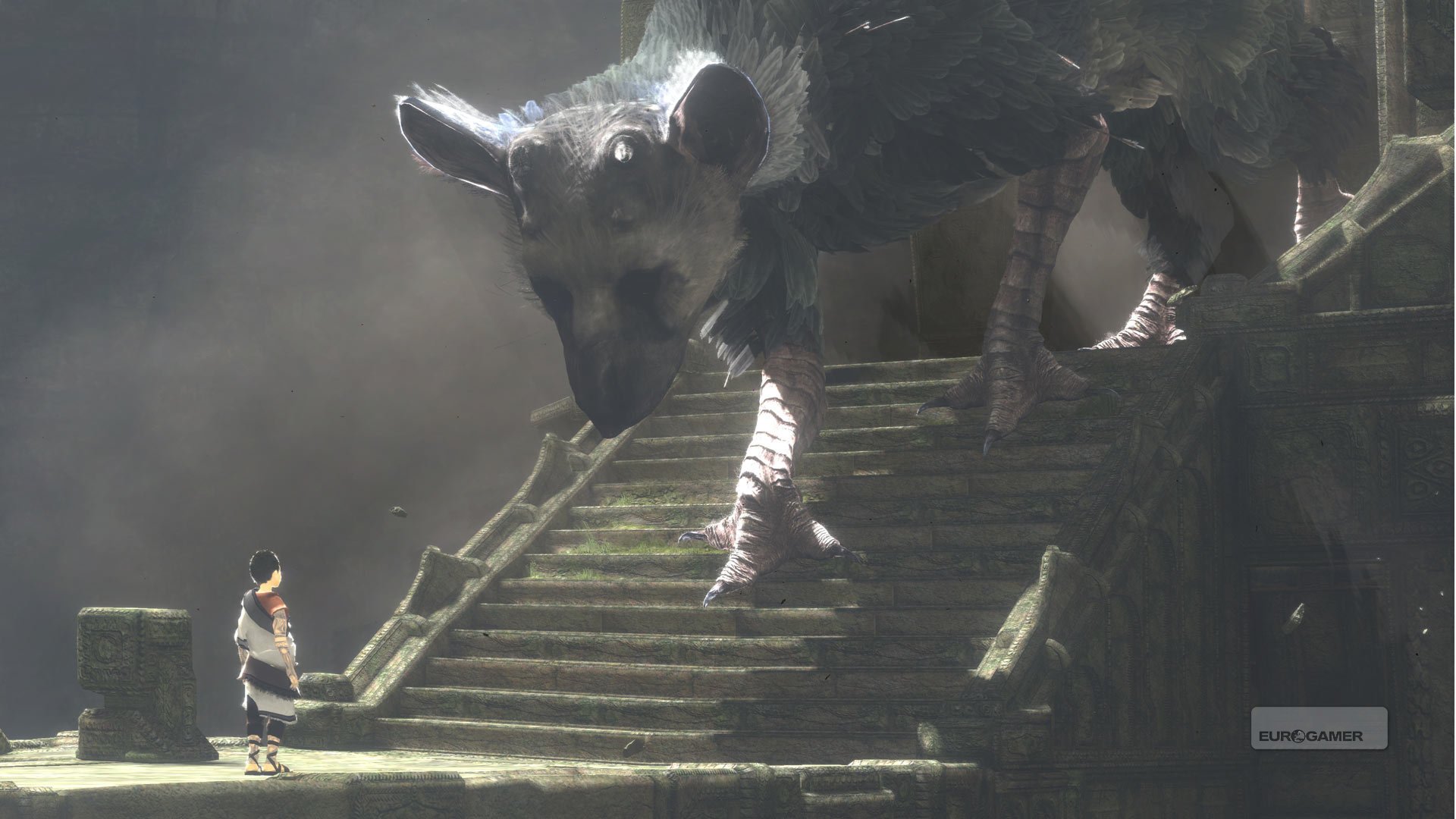 A stunning HD wallpaper from the video game The Last Guardian, featuring a giant creature and a small protagonist standing on ancient stone steps in a mysterious, atmospheric setting.