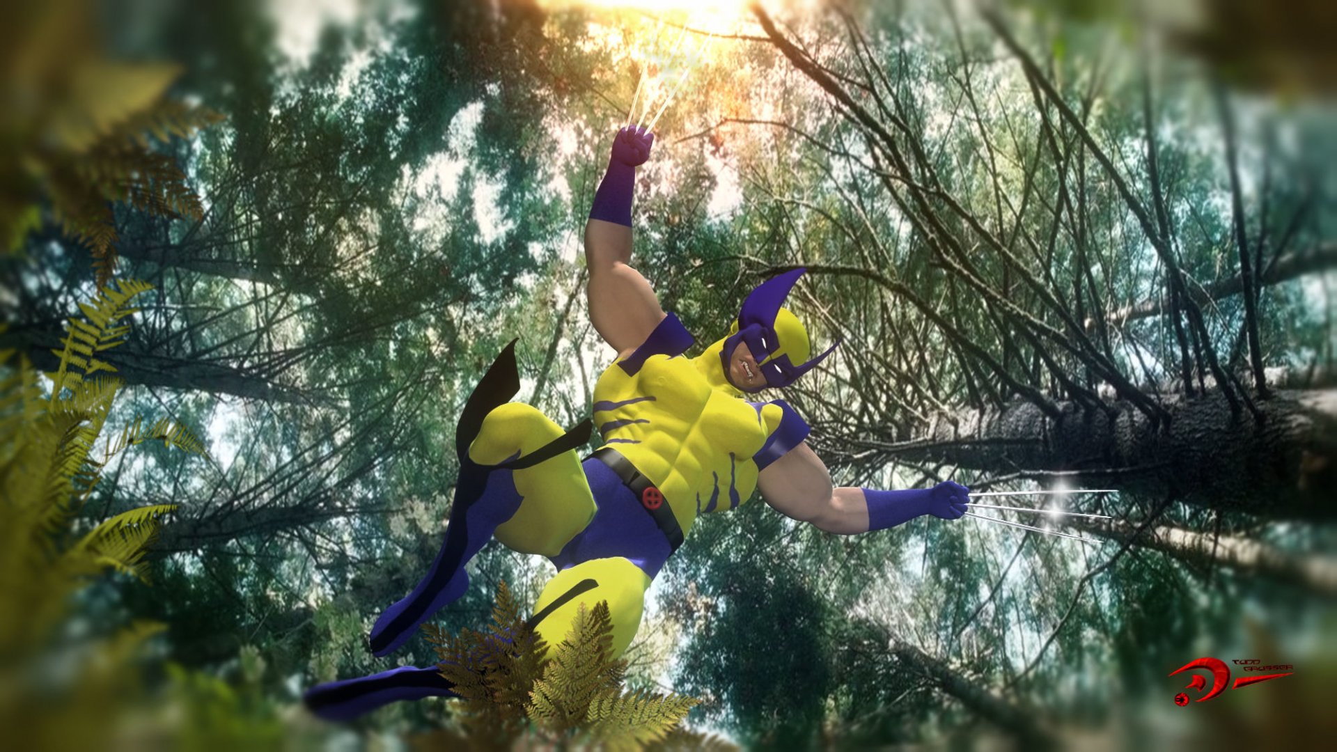HD desktop wallpaper featuring Wolverine from X-Men in his classic yellow and blue mutant costume, surrounded by a vibrant forest background with sunlight filtering through trees.
