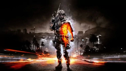HD PC desktop wallpaper and background of the video game Battlefield 3: armed soldier walks from a fire-lit urban battlefield, fiery silhouette against a city skyline and explosions.