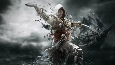A striking HD desktop wallpaper from Assassin's Creed IV: Black Flag features a hooded figure wielding a sword, set against a dramatic seascape with a distant ship.