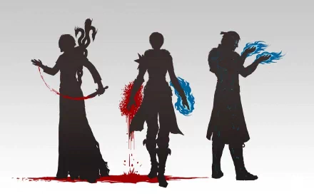 Video game Dragon Age II HD PC desktop wallpaper background: three silhouetted characters (rogue, warrior, mage) on a gray gradient, with red blood splatters and blue magical energy accents.