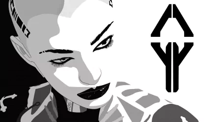 HD PC desktop wallpaper featuring a stylized black-and-white portrait of Jack from the video game Mass Effect, with the game’s emblem in the background.