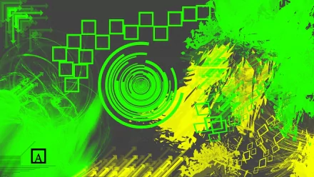 Abstract artwork featuring vibrant shades of yellow and green, showcasing geometric shapes and swirling patterns, designed as a high-definition desktop wallpaper.