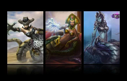 HD PC desktop wallpaper of Cassiopeia (League of Legends): three serpent sorceress splash-art portraits arranged over a glossy, reflective background.