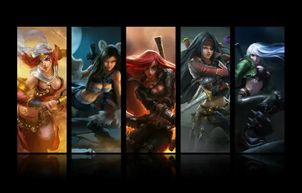 HD PC desktop wallpaper featuring Katarina and other champions from the video game League of Legends in dynamic, action-ready poses.
