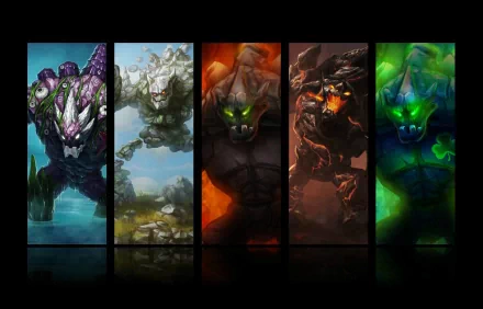HD PC desktop wallpaper of Malphite (League of Legends video game): five vertical panels showing elemental rock versions of the champion in icy, stone, magma, lava and emerald hues.