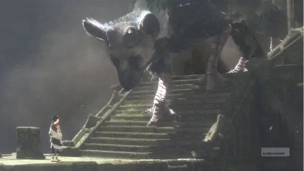 A stunning HD wallpaper from the video game The Last Guardian, featuring a giant creature and a small protagonist standing on ancient stone steps in a mysterious, atmospheric setting.