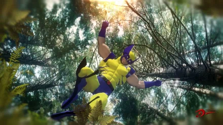 HD desktop wallpaper featuring Wolverine from X-Men in his classic yellow and blue mutant costume, surrounded by a vibrant forest background with sunlight filtering through trees.