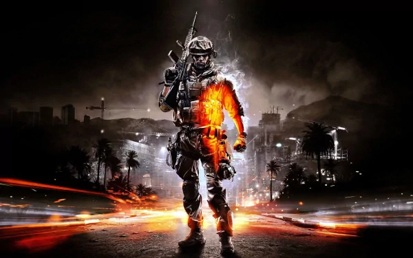 HD PC desktop wallpaper and background of the video game Battlefield 3: armed soldier walks from a fire-lit urban battlefield, fiery silhouette against a city skyline and explosions.
