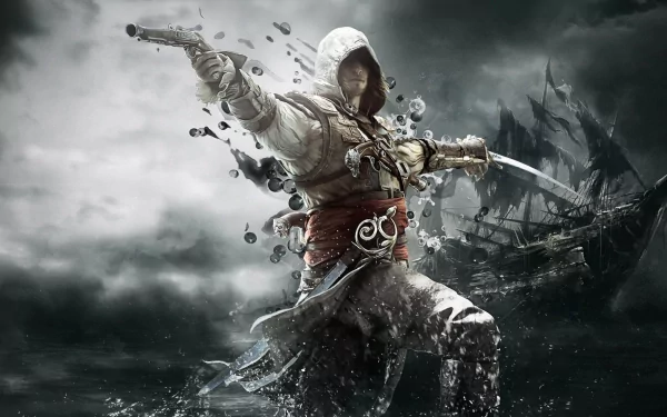 A striking HD desktop wallpaper from Assassin's Creed IV: Black Flag features a hooded figure wielding a sword, set against a dramatic seascape with a distant ship.