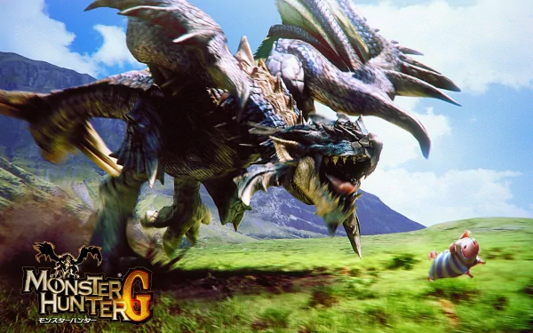A dramatic HD wallpaper from Monster Hunter, featuring a fierce dragon charging through a lush landscape, while a small character in the foreground looks on.
