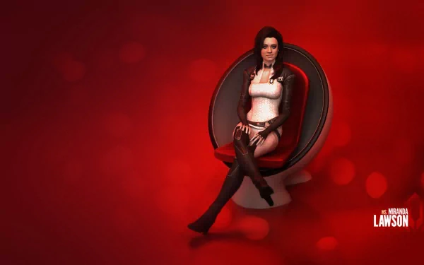 HD desktop wallpaper of Miranda Lawson from the video game Mass Effect 3, featuring her seated against a vibrant red background.