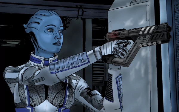 HD PC desktop wallpaper featuring Liara T'Soni from the video game Mass Effect, depicted aiming with a futuristic pistol in a sci-fi setting.