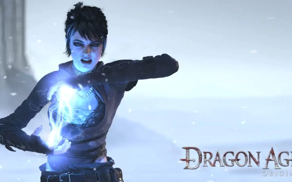 HD PC desktop wallpaper featuring a fierce mage casting a blue spell from the video game Dragon Age: Origins in a snowy, mystical setting.