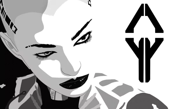 HD PC desktop wallpaper featuring a stylized black-and-white portrait of Jack from the video game Mass Effect, with the game’s emblem in the background.