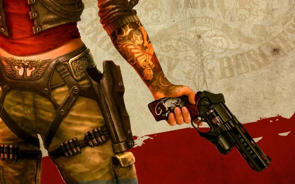 HD PC desktop wallpaper featuring a tattooed character from the video game Wet holding a revolver against a red and beige background with subtle text elements.